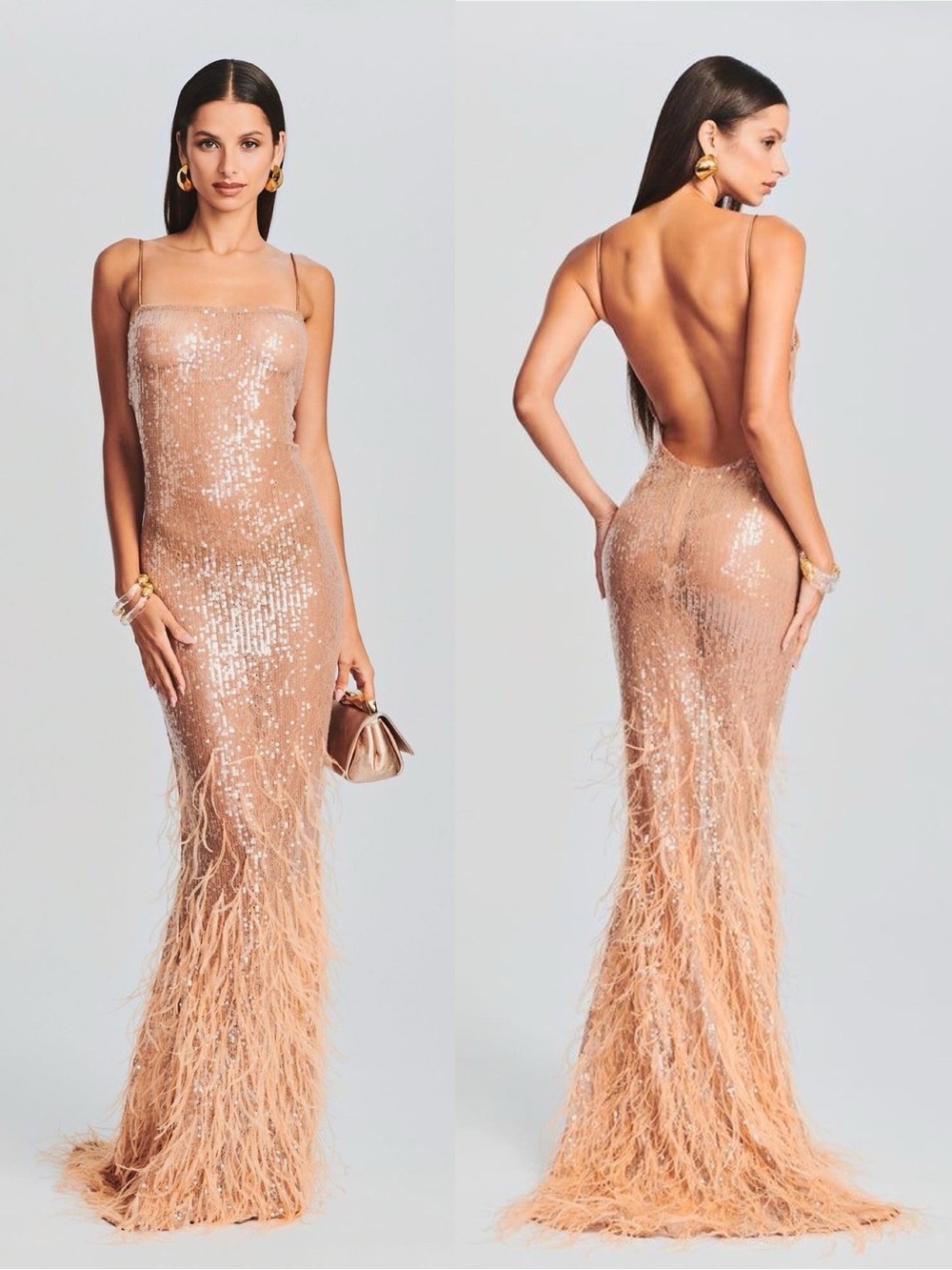 Retrofete Odessa Sequin Ostrich Feather Trimmed Sheer Gown Maxi Dress Tannin